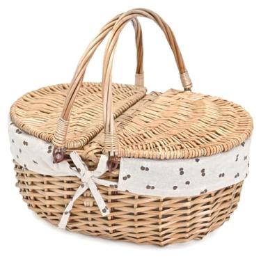 Imagem de Cesta de piquenique de vime com forro removível, cestas de piquenique vazias com tampa, cesto de piquenique com alças dobráveis para piquenique, cereja cinza