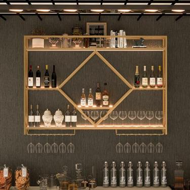 Imagem de GKPSSURV Rack de vinho montado na parede com luzes LED, suporte de vidro de vinho moderno de metal, prateleira de exibição de garrafa de licor, prateleiras de parede de ferro com prateleiras de