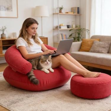 Imagem de Sofá Inflável para Campismo | Espreguiçadeira Dobrável e Portátil com Acabamento Aveludado | Mobília Inflável - Para Ar Livre, Acampamento, Cinema Em Casa, Sala, Quarto, Praia, Piscina E Viagem