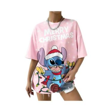 Imagem de Camiseta Feminina Oversized Disney Stitch De Natal Manga Curta Casual 