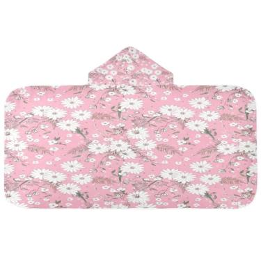 Imagem de CEBUGI Toalha de banho com capuz floral branca para crianças toalha de banho macia absorvente com capuz 127 x 59,7 cm toalha de banho de praia para meninos e meninas