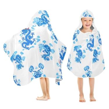 Imagem de Burbuja Blue Dragons Toalha de banho com capuz para crianças, toalha de praia de pelúcia macia absorvente para meninas e meninos 3-10 anos, 61 x 127 cm