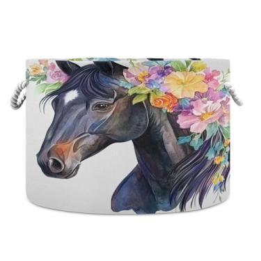 Imagem de Burbuja Linda cesta de armazenamento redonda de flores de cabeça de cavalo preta com alças de corda de algodão, cesta de lavanderia para cobertores, brinquedos, berçário, decoração de sala de estar
