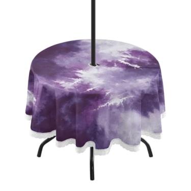 Imagem de CEBUGI Toalha de mesa redonda para uso ao ar livre, fundo tingido, roxo, impermeável, com furo Umberlla, capa de mesa lavável para pátio, cozinha, sala de jantar, 152 cm