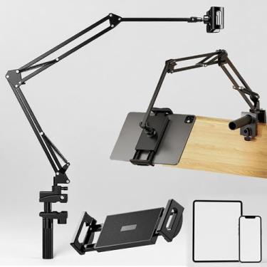 Imagem de YTDSUP Suporte de tablet para cama, suporte de grampo de braço longo flexível para mesa de jogos de cozinha, suporte de tablet pescoço de ganso para telefone Kindle iPad e muito mais, base atualizada
