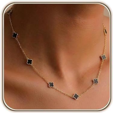 Imagem de Billet-doux Colar de trevos minúsculos banhado a ouro 14K para mulheres - Colar de trevo de folha preta e dourada, joias modernas ajustáveis para presentes