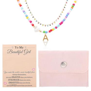 Imagem de Colar feminino com inicial de contas, 2 peças, boêmio, colorido, banhado a ouro real, com letras, delicada, personalidade, inicial, tendência, ajustável, para presentes de Natal