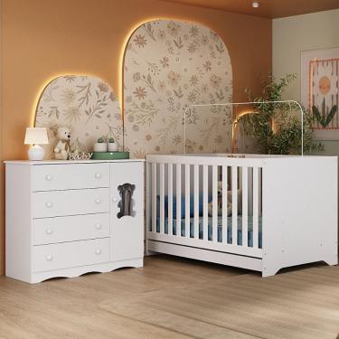 Imagem de Berço Americano 3 Em 1 Com Cômoda 1 Porta 4 Gavetas Doçura Multimóveis MP4725 Branco