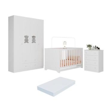 Imagem de Quarto De Bebê Completo Com Berço Americano 3 Em 1 Colchão Teddy Multimóveis MP4664 Branco