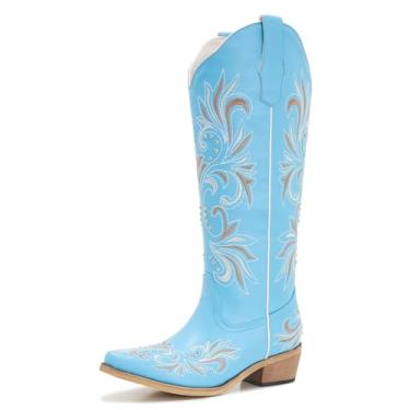 Imagem de ZXHYZLZ Botas femininas bordadas em azul claro – Botas caubói na altura do joelho ocidental com costura clássica, design de puxar e salto baixo, Azul claro, 41