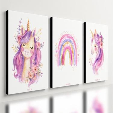 Imagem de Kit 3 Quadro Decorativo Unicórnio Infantil Menina Quarto Qualidade Pre