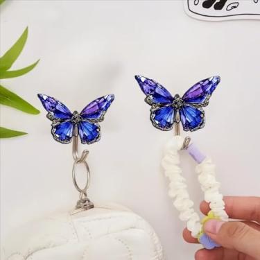Imagem de 2 peças de ganchos adesivos acrílicos de borboleta azul roxa - ganchos decorativos de parede de borboleta plana para chaves, toalhas, máscaras | Organizador autoadesivo sem broca para entrada