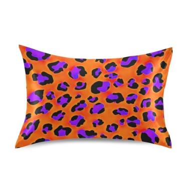 Imagem de Fronhas padrão Queen King com estampa de leopardo roxo e cetim laranja para impressão de arte de cabelo, decoração de cama, travesseiro de cama king size 101,6 cm x 50,8 cm
