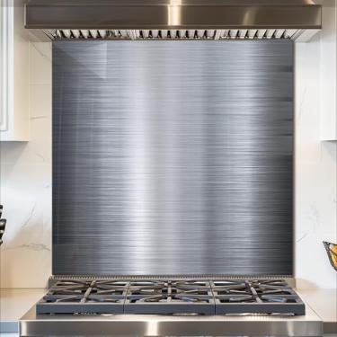 Imagem de fzxwyishu Imagem de aço inoxidável, fundo de vidro temperado para cozinha atrás do fogão, capa de pia de cozinha fácil de limpar, proteção contra respingos, decoração de cozinha doméstica (76,2 x 76,2