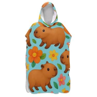 Imagem de Poncho de surfe trocador de roupão para adultos toalha de natação com capuz plus size unissex adulto poncho com capuz bonito desenho animado capivaras azul