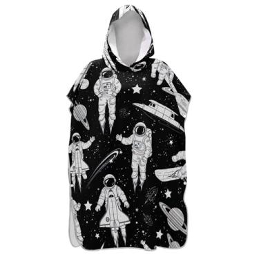 Imagem de Roupão para adultos, poncho de surfe, toalha de banho com capuz, secagem rápida, poncho masculino com capuz, astronautas brancos, estrelas negras