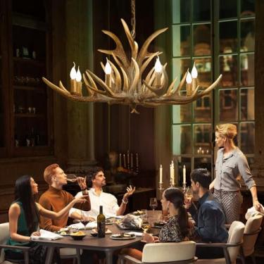 Imagem de Hubrin Lustre De Chifre De Veado De Fazenda 8 Luzes, D40 Lagre Luminárias Rústicas De Chifre, 11 Chifres Composição Lustre De Chifre De Veado Iluminação Para Sala De Jantar Sala De Estar (Grande Bra