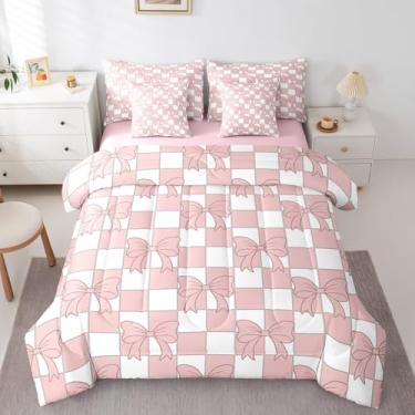 Imagem de Erosebridal Conjunto de edredom Queen com laço kawaii rosa, 7 peças, para crianças, meninos e meninas, conjunto de cama com laço geométrico quadriculado branco, xadrez buffalo, em uma bolsa, cama