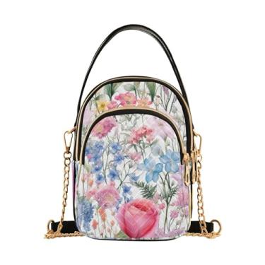 Imagem de Bolsa tiracolo feminina com borda floral aquarela, bolsa transversal com alça de corrente, transversal para mulheres na moda, Borda floral aquarela-4, One Size