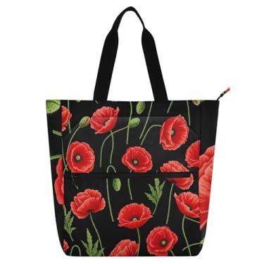 Imagem de Bolsa de trabalho feminina preta com flores de papoula vermelha, lona, praia, escola, bolsa média, presente para amantes de livros