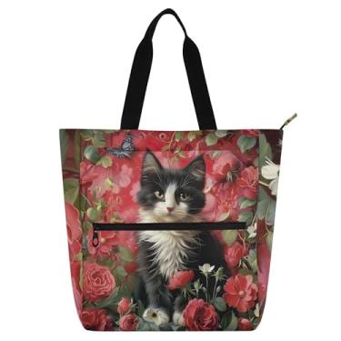 Imagem de GAIGEO Bolsa feminina de trabalho de lona com zíper e bolsa carteiro com compartimentos Flower Kitten Cat