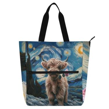 Imagem de GAIGEO Highland Cow Starry Night Book Tote Bag para crianças mulheres lona zíper trabalho escola floral bolsa utilitária