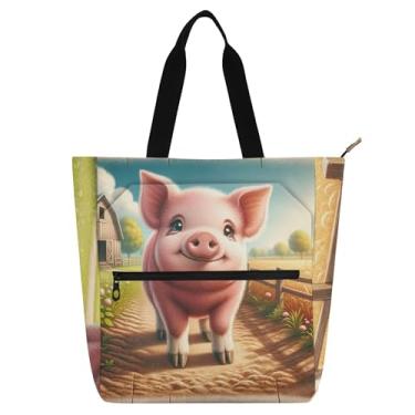 Imagem de Cute Pig Sacolas femininas para trabalho, lona, praia, escola, bolsa de mão para o dia a dia, presente para amantes de livros