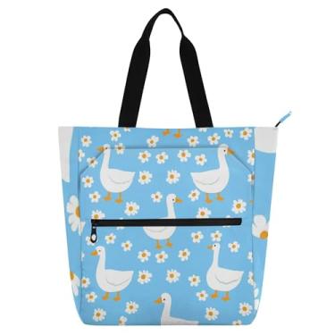 Imagem de GAIGEO Lindos gansos brancos margaridas azul claro bolsas femininas para trabalho lona zíper bolsa de praia bolsas professores amantes de livros