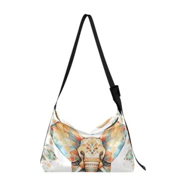 Imagem de Bolsa de ombro feminina azul borboletas brancas, bolsa tiracolo vegana, bolsa de ombro vegana, Elefante colorido geométrico-1, One Size