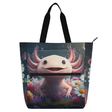 Imagem de GAIGEO Lindas bolsas femininas axolotl rosa floral para trabalho lona praia livro sacola com zíper bolsa infantil fofa com compartimentos