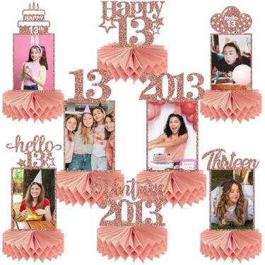 Imagem de Guiruiy 8 Peças De Decoração Para 13º Aniversário, Centro Mesa Em Formato Favo Mel Meninas, Glitter Rosa Dourado Vintage 2012, Com Foto Festa 13 Anos, Adolescentes