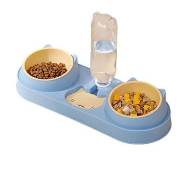 Imagem de Comedouro Bebedouro Automático Triplo para Cães e Gatos Tigela 3 em 1 Antiderrapante Fácil de Limpar - 41 * 15.5cm, Ideal para Famílias Brasileiras com Pets(Azul)