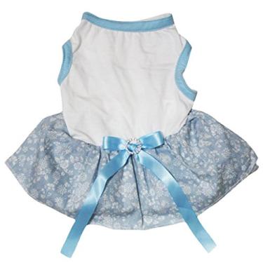 Imagem de Petitebella Roupa de cachorro vestido liso branco top floral azul claro tutu de algodão (médio)