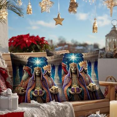 Imagem de HOMETITUTE Conjunto de 2 capas de almofada de três dias de rei 45,7 x 45,7 cm, decoração macia, três homens sábios, cena de presente real, estrela, férias de belém, capas de almofadas quadradas para