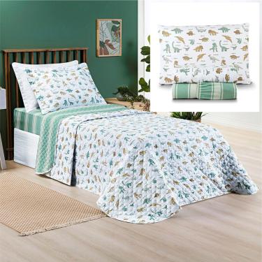 Imagem de Coordenado Cobre Leito e Lençol Kidsteem Solteiro Dinossauro 5 Pçs  - 100% Poliéster