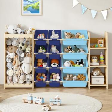 Imagem de Organizador de armazenamento de brinquedos 3 em 1, suporte para animais de pelúcia e estante de livros de 3 camadas, organizador de brinquedos de madeira maciça com 12 caixas de armazenamento