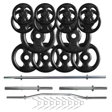 Imagem de Kit 60 Kg de Anilhas Ferro + 02 Barras de 40cm + Barra W + Barra 120cm