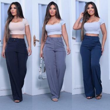 Imagem de Calça Pantalona Alfaiataria Feminina Social Cintura Alta Com bolso na 