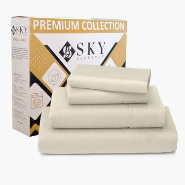 Imagem de SKY BEDDINGS Jogo de lençóis 100% algodão 4 peças - 400 fios de cetim trançado, conjunto de lençóis Queen olímpicos 167,6 cm x 203,2 cm com bolsos profundos de 38,1 cm, resfriamento, respirável