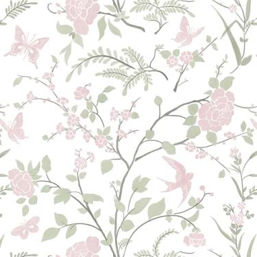 Imagem de Fiula Papel de parede rosa e verde, folhas de flor, pássaro, borboleta, boho, papel de parede, autoadesivo, descascar e colar, papel de contato removível, adequado para locatário, banheiro, quarto