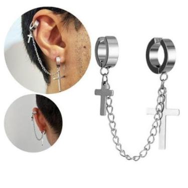 Imagem de Brinco Argola Masculino Feminino Pressão Corrente Cruz Grande Pequena Cartilagem Aço Inox-Unissex