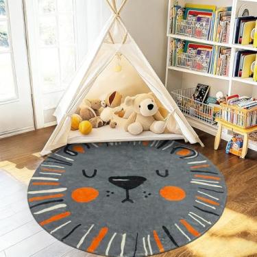 Imagem de USTIDE Tapete de brincar de leão cinza, 1,2 m, animais fofos, tapete redondo, lavável, rastejante, tapete de desenho animado para berçário, playmat, sala de jogos, quarto (120 cm)