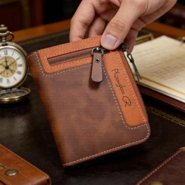 Imagem de Carteira masculina com zíper, carteira curta de couro com compartimento compacto para vários cartões, porta-cartões fino e dobrável para uso diário, Marrom escuro, 9.5X12.5CM, Tendência
