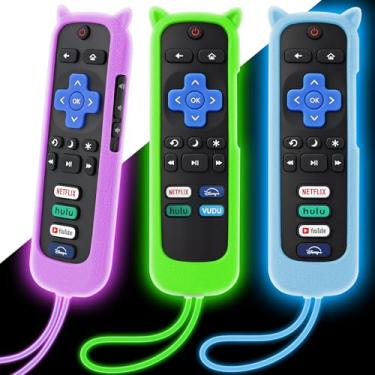 Imagem de Pacote com 3 capas para controle remoto Roku, capa de silicone compatível com TCL Roku TV/Hisense/Streaming Stick/Express, capa protetora antiderrapante à prova de choque que brilha no escuro verde