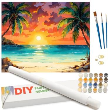Imagem de Kit de pintura de paisagem tropical por números para adultos – DIY Sunset Beach com palmeiras e céu colorido enrolado em tela 40,6 x 50,8 cm, conjunto de tinta acrílica para iniciantes, decoração de