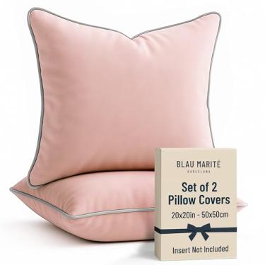 Imagem de Blau Marité Pacote com 2 capas de almofada decorativas de veludo, 51 x 50 cm, rosa e cinza, sólida, moderna, tubulação contrastante, uso interno, quarto e sala de estar