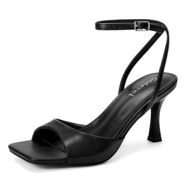 Imagem de Goderci Sapatos femininos de salto agulha Kitten com tiras quadradas, bico aberto, tira no tornozelo, fivela, salto agulha, Poliuretano preto, 36