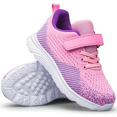 Imagem de MURDESOT Tênis infantil infantil para meninos e meninas atléticas com alça esportiva para crianças pequenas/crianças grandes, Rosa e roxo, 15