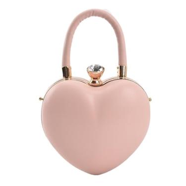 Imagem de Bolsa de mão em forma de coração para noite bolsa de casamento PU bolsa tiracolo feminina bolsa de ombro luxuosa, rosa, 17X16X6cm