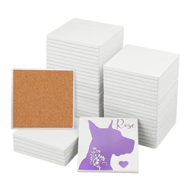 Imagem de GNIEMCKIN 50 peças de porta-copos quadrados de cerâmica em branco de 9,5 cm, porta-copos de azulejos de cerâmica não esmaltados com almofadas de suporte de cortiça para pintura, artesanato DIY, branco